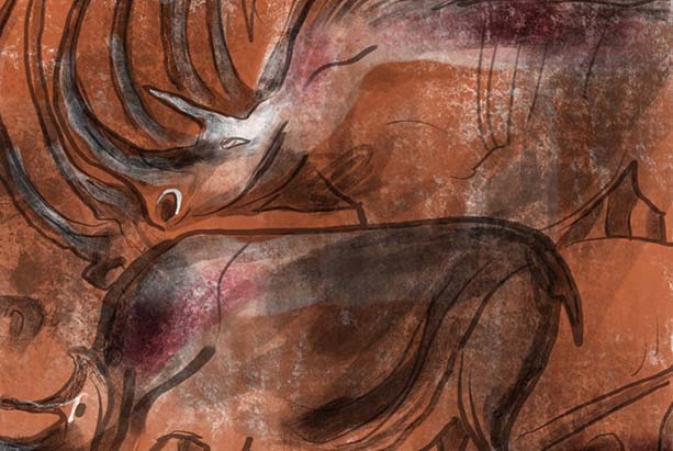artwork of horned creatures in the style of a cave painting