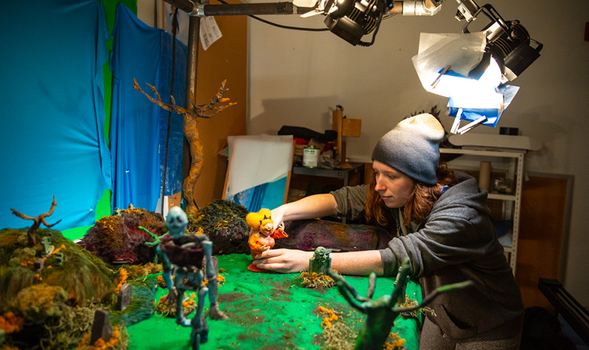 student works on a stop motion animation project