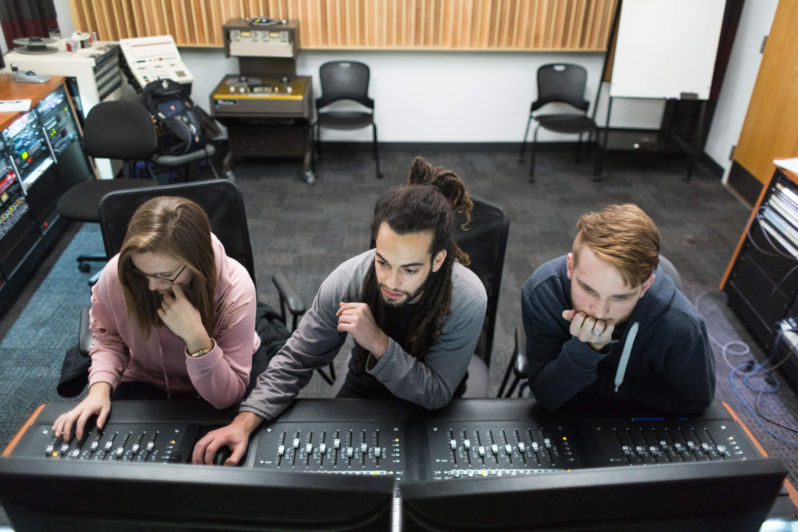 Alumni in the music studio, The OU studio consists of a mai…