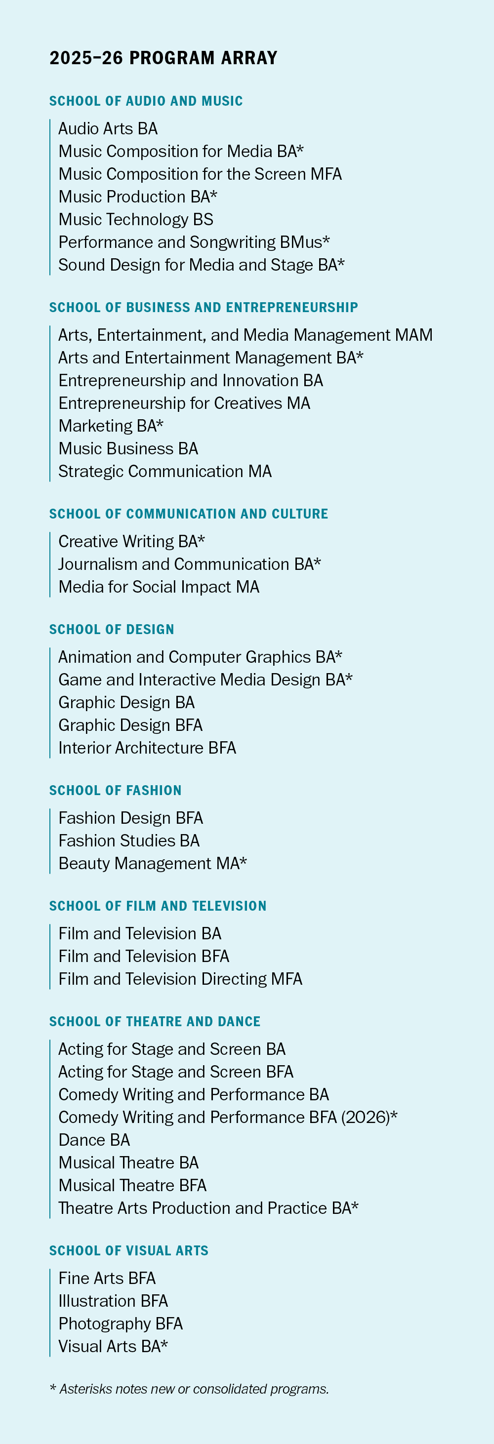 2025–26 Program Array  Title: "2025–26 PROGRAM ARRAY" Description: This graphic lists academic programs offered at Columbia College for the 2025–26 academic year, organized into schools: School of Audio and Music: Programs like Audio Arts BA, Music Production BA*, Music Technology BS, and Sound Design for Media and Stage BA*. School of Business and Entrepreneurship: Programs include Arts and Entertainment Management BA*, Marketing BA*, Music Business BA, and Strategic Communication MA. School of Communication and Culture: Programs such as Creative Writing BA* and Journalism and Communication BA*. School of Design: Programs include Animation and Computer Graphics BA*, Game and Interactive Media Design BA*, Graphic Design BFA, and Interior Architecture BFA. School of Fashion: Programs include Fashion Design BFA, Fashion Studies BA, and Beauty Management MA*. School of Film and Television: Programs like Film and Television BA, BFA, and Film and Television Directing MFA. School of Theatre and Dance: Programs such as Acting for Stage and Screen BA/BFA, Comedy Writing and Performance BA/BFA, Dance BA, and Musical Theatre BFA. School of Visual Arts: Programs include Fine Arts BFA, Illustration BFA, Photography BFA, and Visual Arts BA*. Note: An asterisk (*) indicates new or consolidated programs.