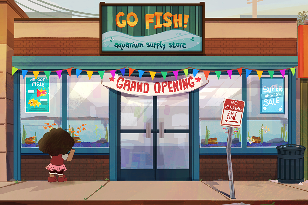 animation still of fish store with little girl peeking in