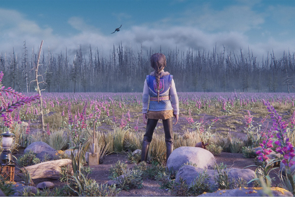 an image from the animated short with a person facing away and standing in the grass