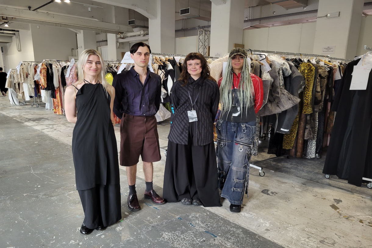 From right: Columbia College Chicago School of Fashion students Joelle Helena Olabode (BFA ’25) and Rae Breazeale (BFA ’25), pictured with Royal Melbourne Institute of Technology fashion design students Kane Turner and Laura Heron backstage at the Fashion Graduate Italia 2024 City to City runway show. Photo by Jenny Leigh Du Puis