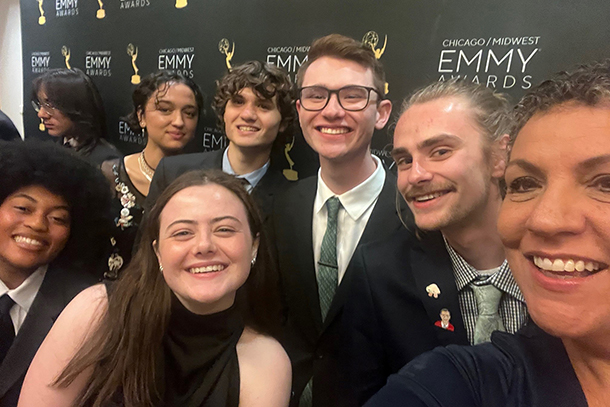 students take selfie at emmy awards