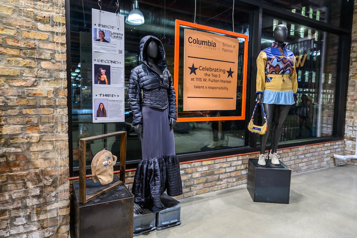 The winning student designs on display at Patagonia's Fulton Market store in Chicago. 