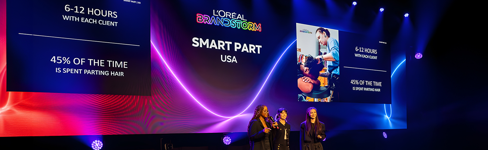 Columbia students on stage at the L'Oreal Brandstorm event